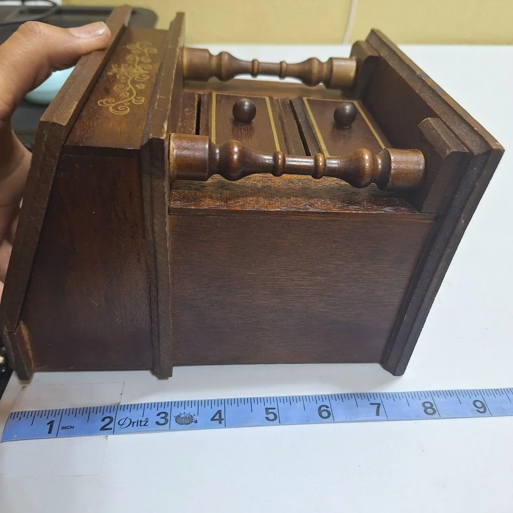 Vintage c.1970s Wooden Musical Jewelry Box Wind-Up Music Box 2 Drawers As-Is